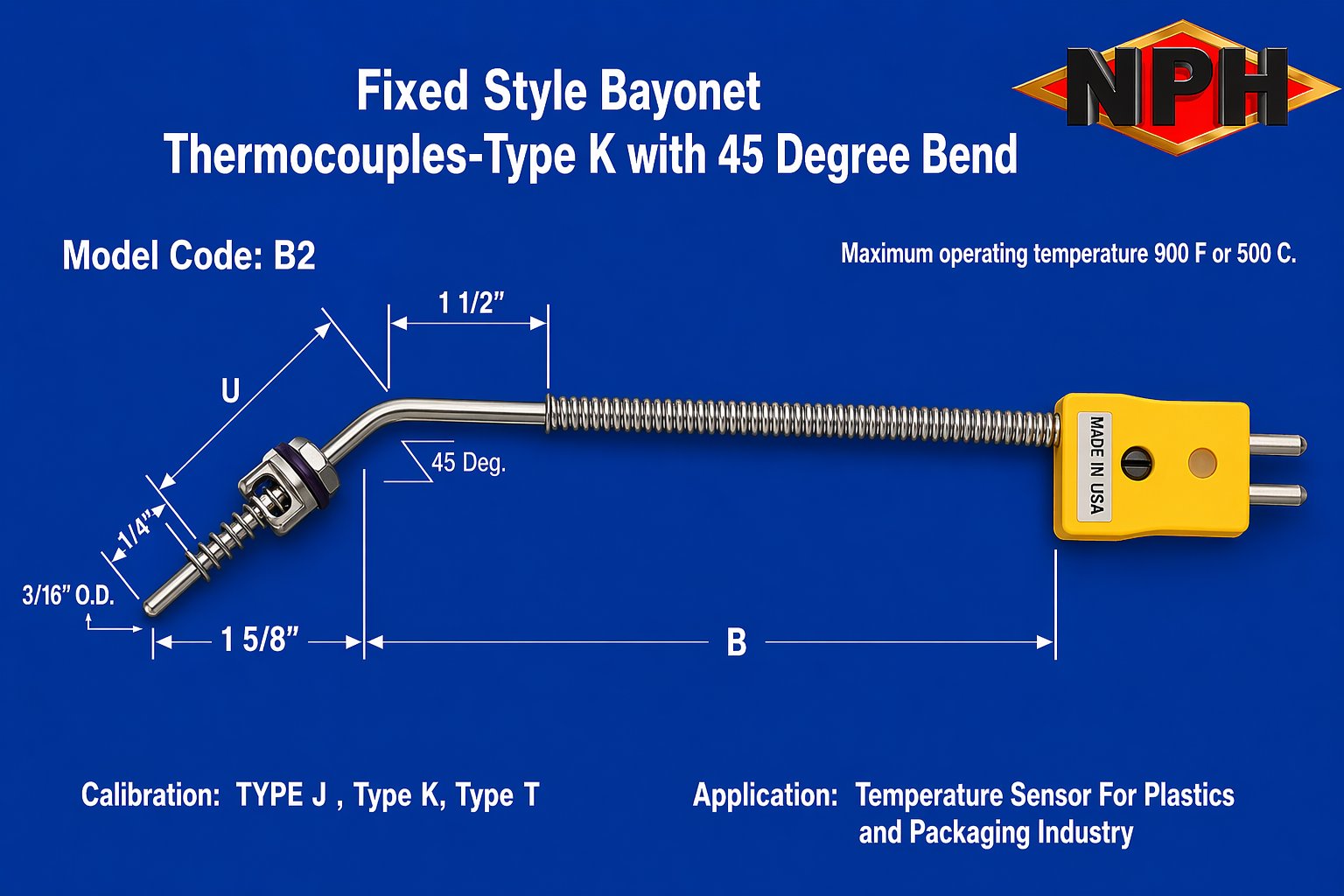 NPH Fixed Bayonet Style Thermocouple. 45 Bend-B2